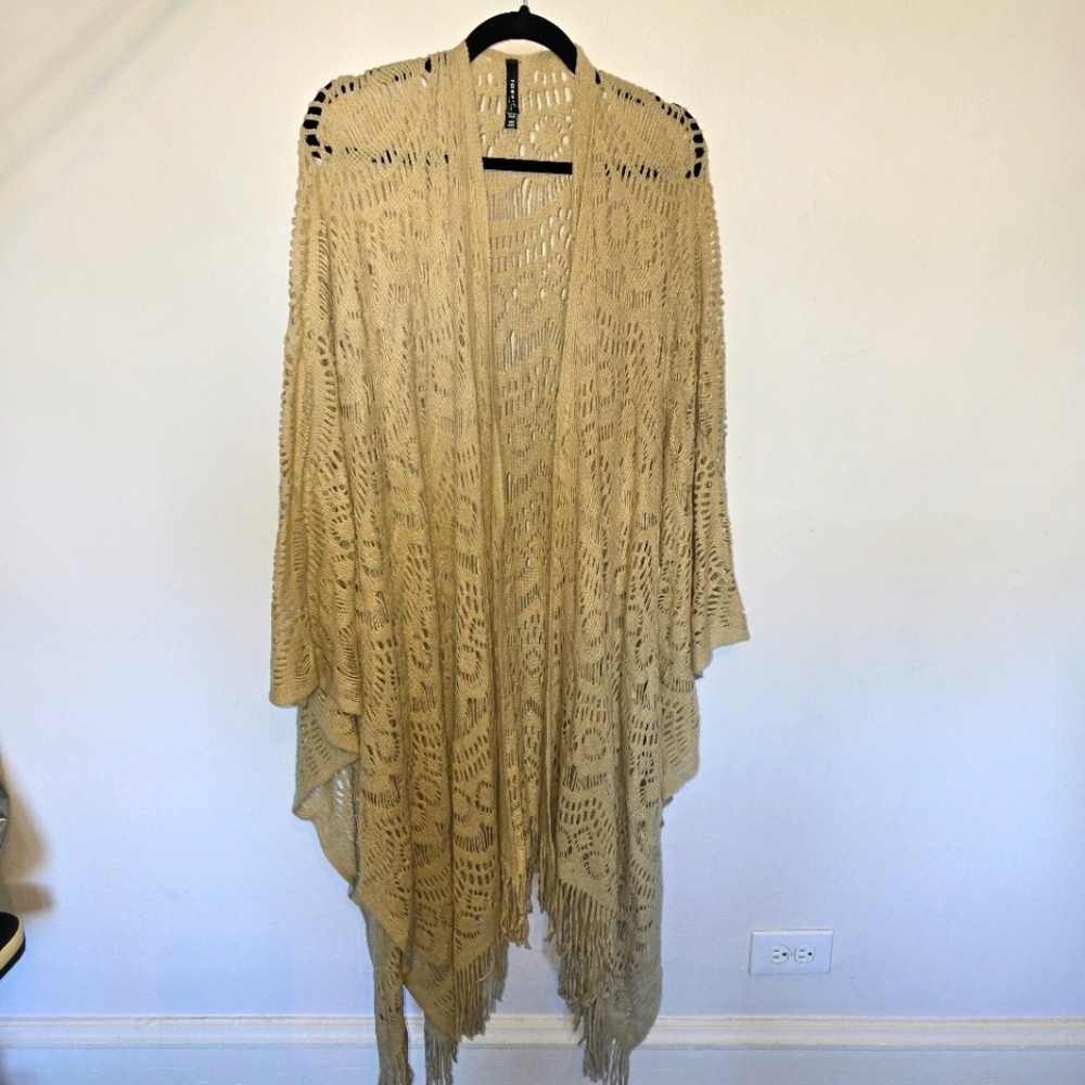 Torrid Tan Open Front Knit Fringe Wrap Poncho Cape Acrylic Sweater -Plus Size